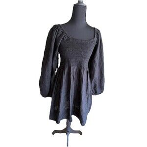 AE77 Premium smocked Linen Balloon Sleeve Dress Size S Black $228